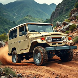 A captivating, high-resolution image of a classic Toyota Land Cruiser navigating an off-road terrain, showcasing its vintage charm and rugged capabilities
