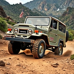 A captivating, high-resolution image of a classic Toyota Land Cruiser navigating an off-road terrain, showcasing its vintage charm and rugged capabilities
