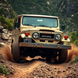 A captivating, high-resolution image of a classic Toyota Land Cruiser navigating an off-road terrain, showcasing its vintage charm and rugged capabilities