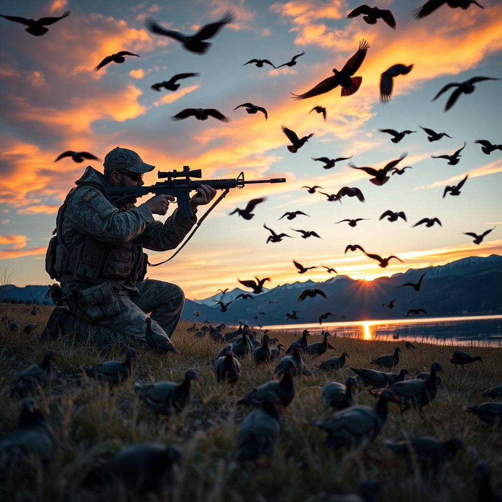 A soldier in camouflage kneeling in a corner field, holding a long sniper rifle and shooting into the air, creating a dramatic scene