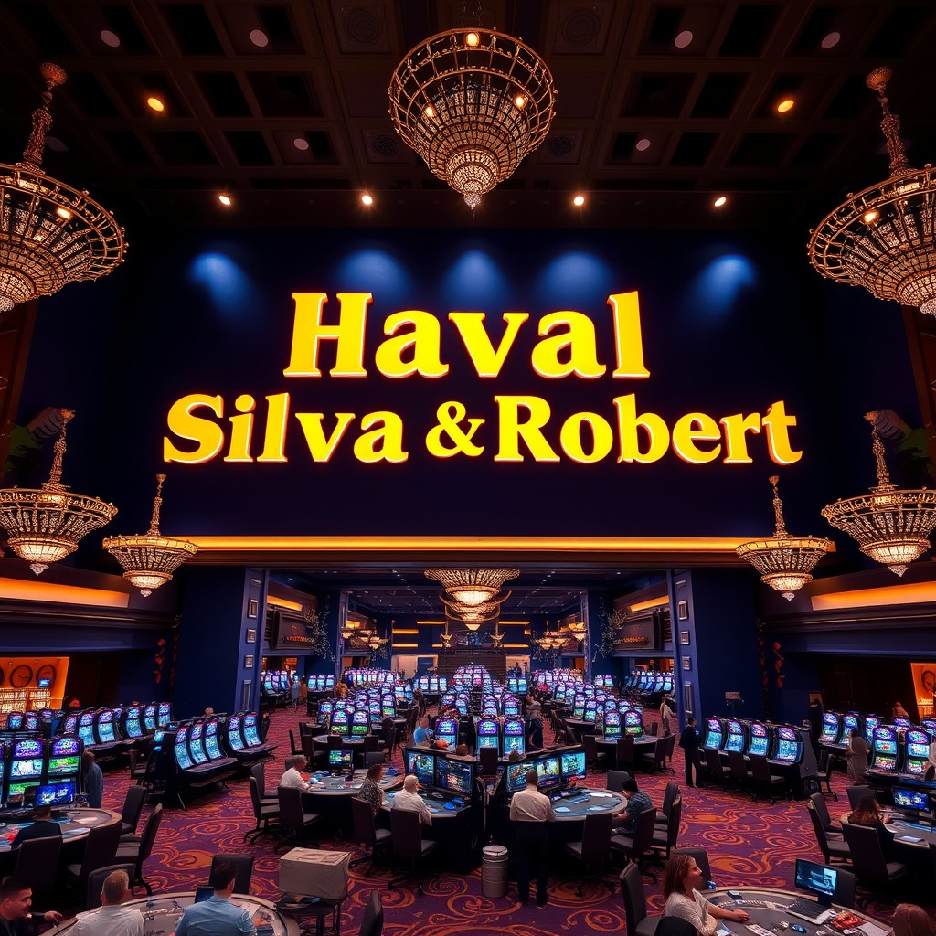 A large casino hall interior featuring a dark navy blue color scheme