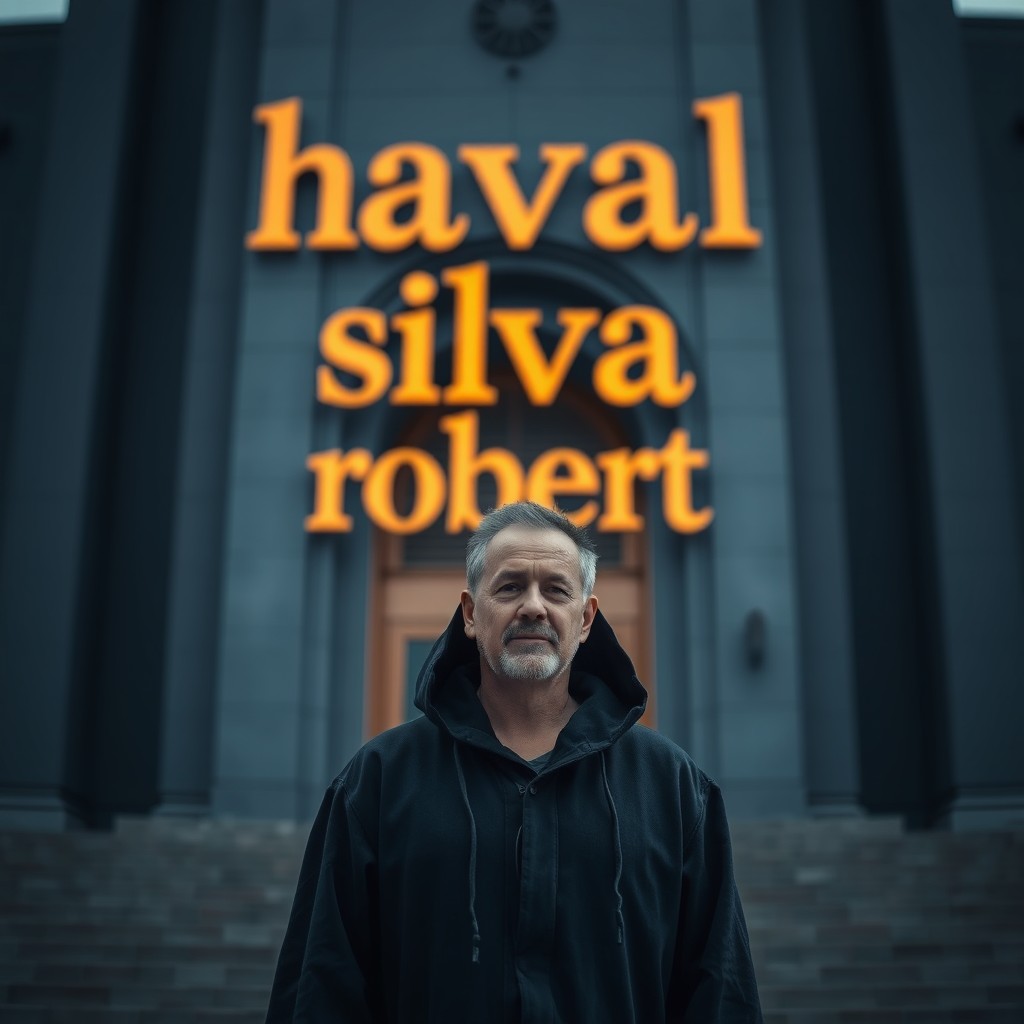 A man standing in front of a large building with the name 'haval silva robert' written in bold, italicized letters in a golden-orange color