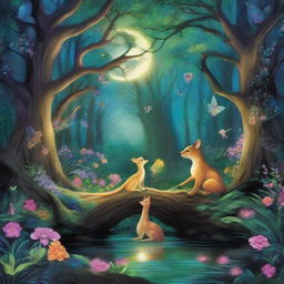 A breathtakingly magical enchanted forest, brimming with vibrant, exotic flora, mystical creatures, and glittering streams under a spellbinding moonlit sky.