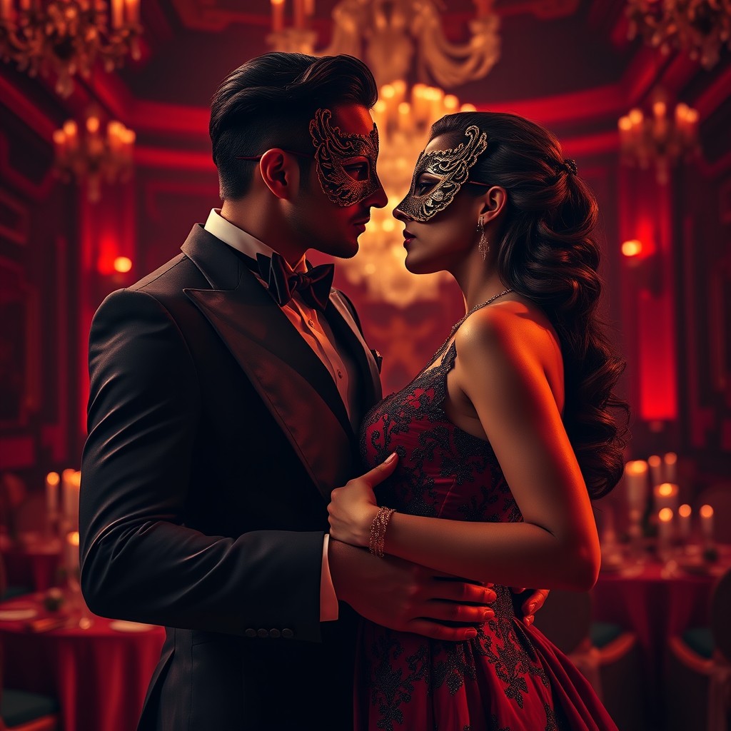A dark romance scene featuring a couple in elegant masks at a glamorous ball