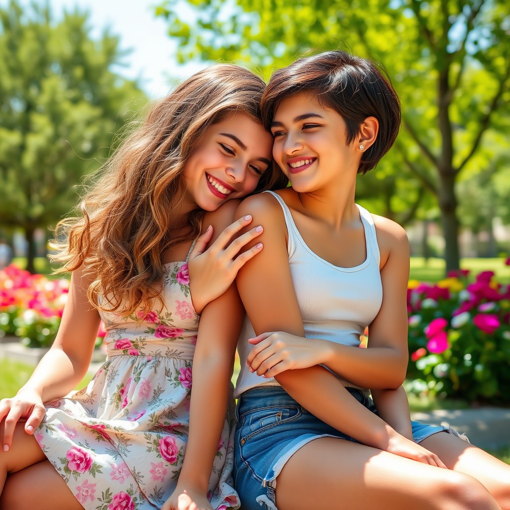 Two girls sitting closely next to each other, sharing a moment of intimacy and connection, their heads leaning together in a playful manner