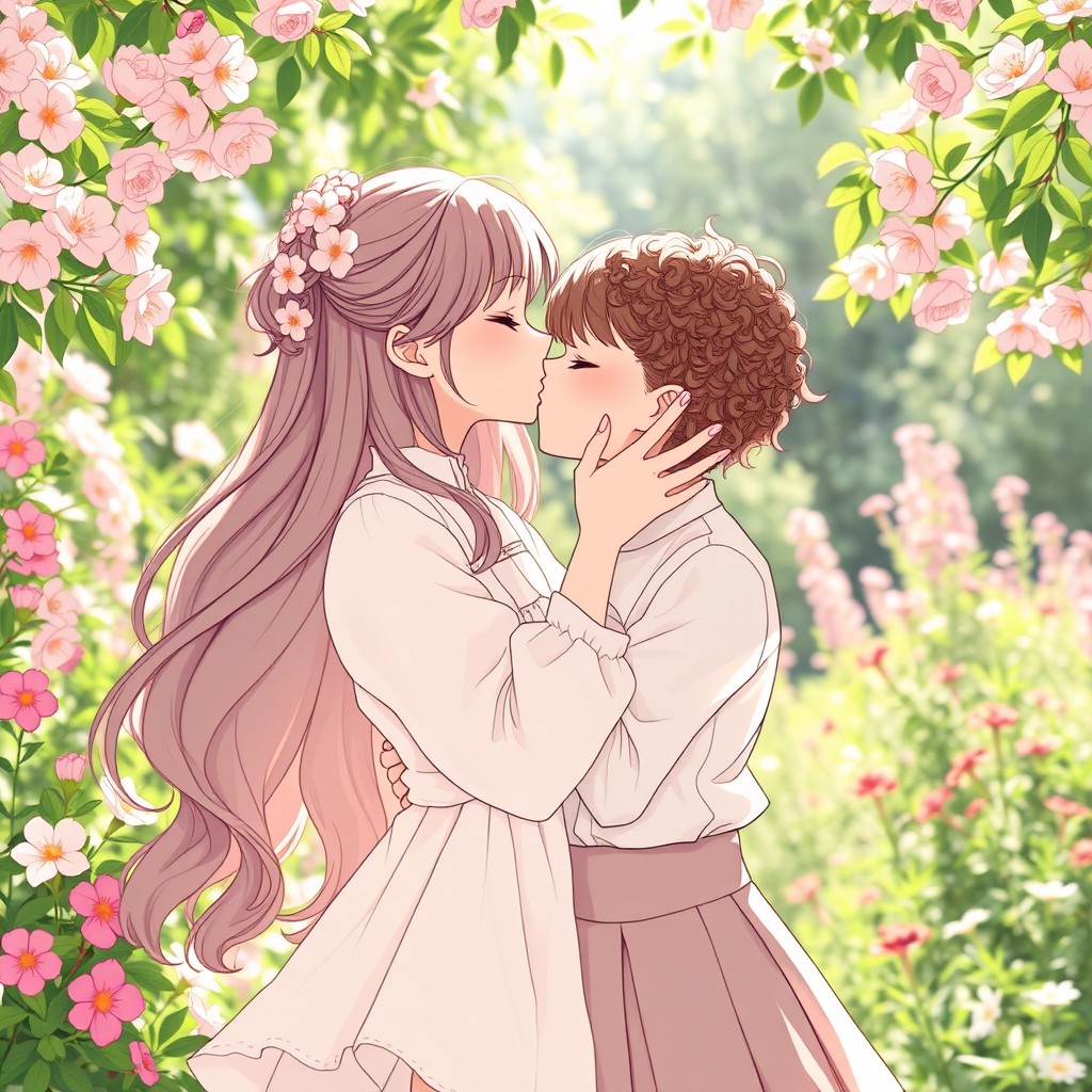 Two girls embracing in a tender kiss, their eyes closed and expressions filled with affection