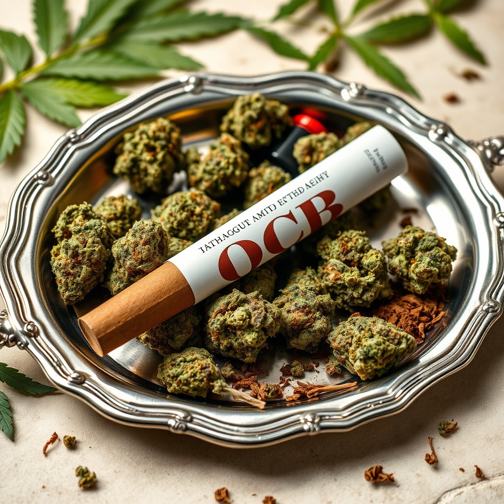 A silver tray elegantly adorned with cannabis buds, featuring a rolling paper branded with OCB, and some loose tobacco scattered around