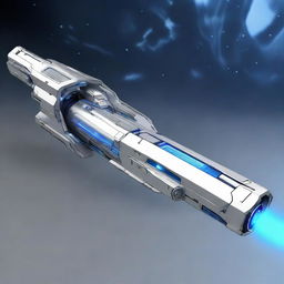 An advanced Orbita Railgun with futuristic and high-tech design features. The railgun is silver-metallic, with blue LED indicators, standing prominently against a stark, outer-space setting.