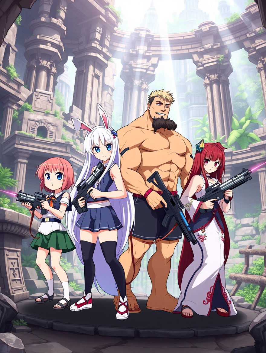 Four anime girls in a cute style, each displaying unique characteristics: a short blond girl with bright blue eyes, a tall tan girl with long flowing white hair adorned with bunny ears, a busty muscular brunette with an athletic build, and a regal red-head with elegant attire
