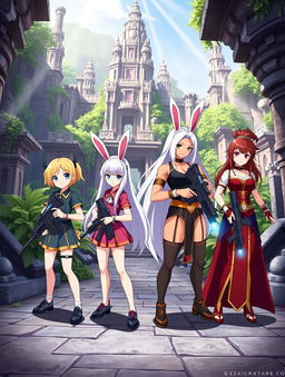Four anime girls in a cute style, each displaying unique characteristics: a short blond girl with bright blue eyes, a tall tan girl with long flowing white hair adorned with bunny ears, a busty muscular brunette with an athletic build, and a regal red-head with elegant attire