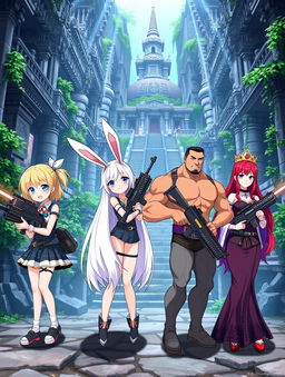 Four anime girls in a cute style, each displaying unique characteristics: a short blond girl with bright blue eyes, a tall tan girl with long flowing white hair adorned with bunny ears, a busty muscular brunette with an athletic build, and a regal red-head with elegant attire