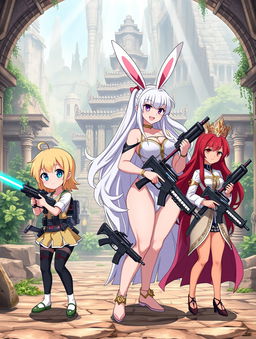 Four anime girls in a cute style, each displaying unique characteristics: a short blond girl with bright blue eyes, a tall tan girl with long flowing white hair adorned with bunny ears, a busty muscular brunette with an athletic build, and a regal red-head with elegant attire