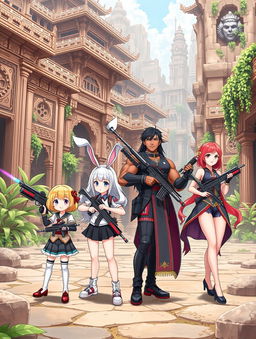 Four girls in cute anime style standing in an ancient temple city, featuring a short girl with blonde hair, a tall tan girl with striking white hair and playful bunny ears, a busty and muscular brunette with a confident pose, and a regal red-head exuding elegance