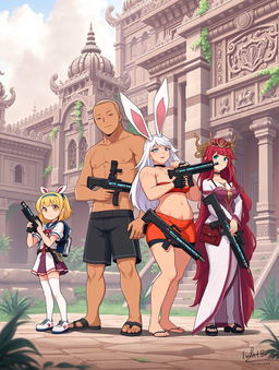Four girls in cute anime style standing in an ancient temple city, featuring a short girl with blonde hair, a tall tan girl with striking white hair and playful bunny ears, a busty and muscular brunette with a confident pose, and a regal red-head exuding elegance