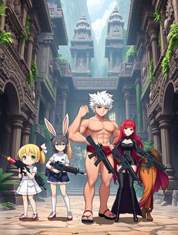 Four girls in cute anime style standing in an ancient temple city, featuring a short girl with blonde hair, a tall tan girl with striking white hair and playful bunny ears, a busty and muscular brunette with a confident pose, and a regal red-head exuding elegance