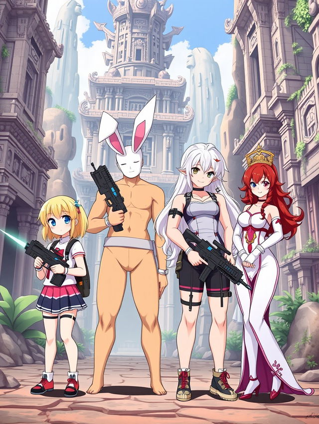 Four girls in cute anime style standing in an ancient temple city, featuring a short girl with blonde hair, a tall tan girl with striking white hair and playful bunny ears, a busty and muscular brunette with a confident pose, and a regal red-head exuding elegance