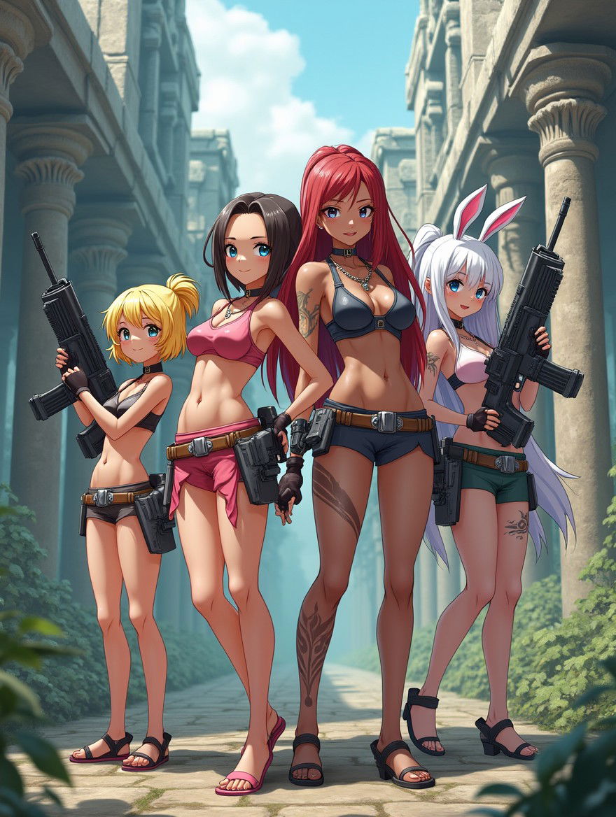 A group of four stunning anime girls dressed in scanty outfits, each holding futuristic laser rifles, standing heroically in the ruins of an ancient temple city