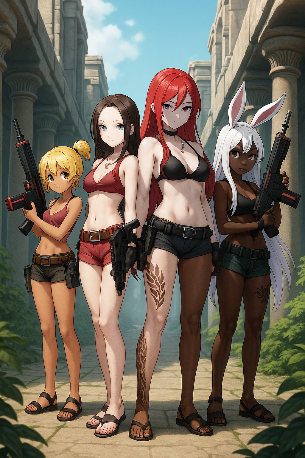 A group of four stunning anime girls, dressed scantily, holding laser rifles, standing in the ruins of an ancient temple city. One is short, cute and blond. The second girl is a brunette. The third girl is tall and has long red hair. The last girl is black, has tribal tattoos, white hair, and bunny ears. Make the bunny girl black skinned. Make the red haired girl pale white.