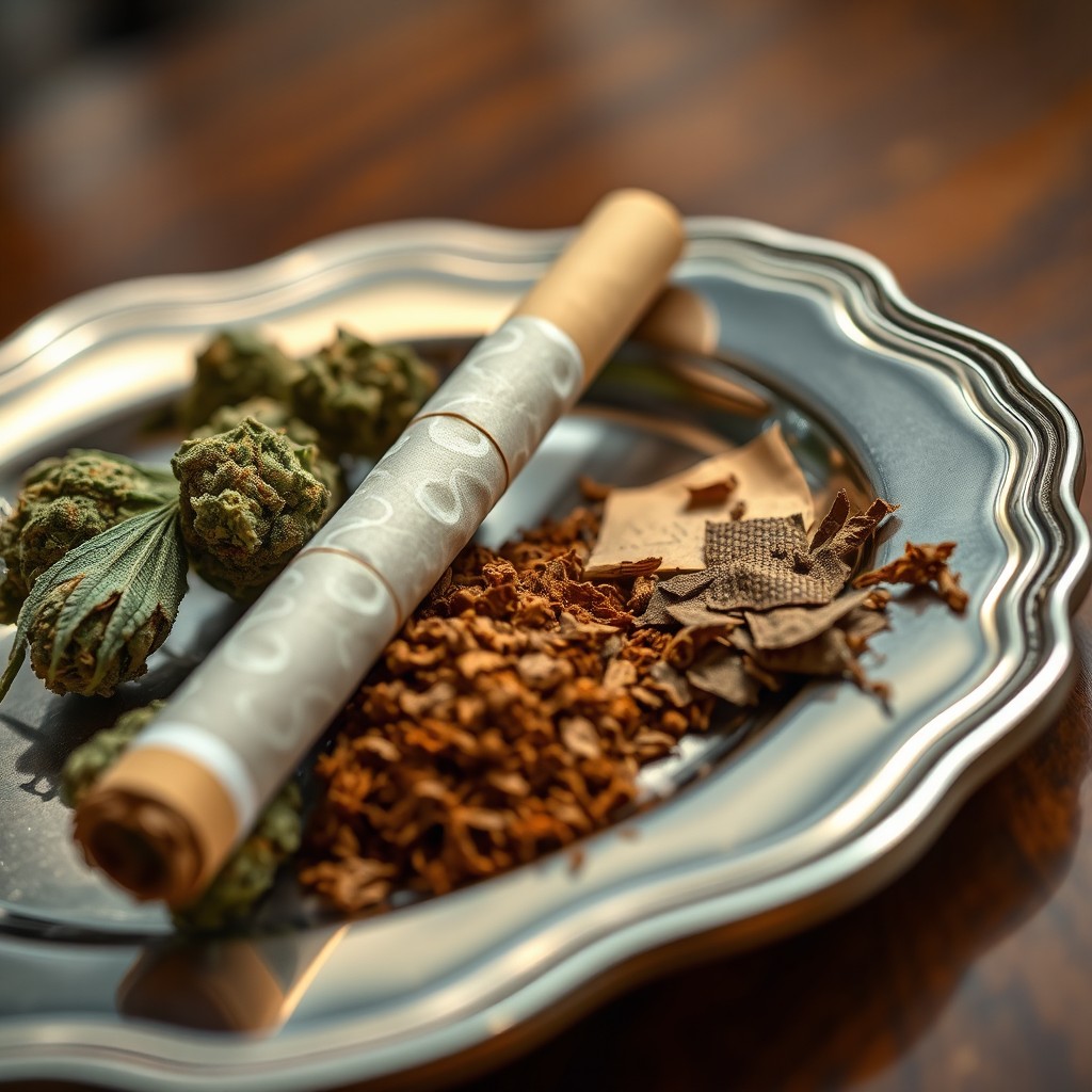 A close-up view of a shiny silver plate elegantly arranged with marijuana buds, a rolling paper, and loose tobacco