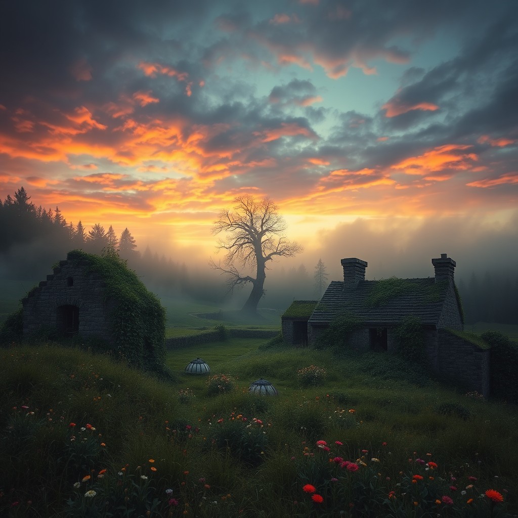 A hauntingly beautiful landscape depicting a forsaken, abandoned village overtaken by nature