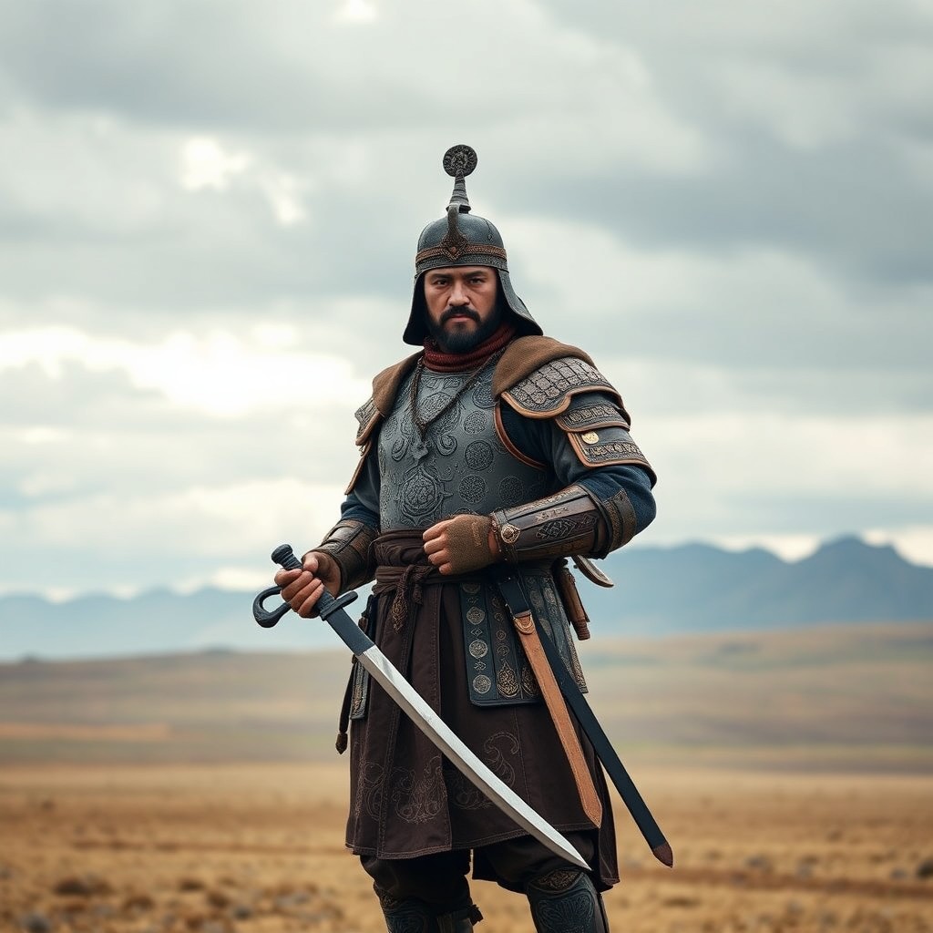 A Mongolian soldier from the year 1206, standing proudly with a sword in hand