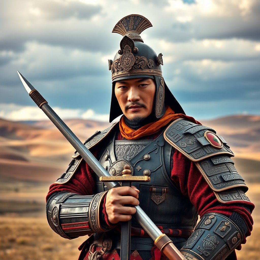 A Mongolian soldier from the year 1206, facing forward with a sword held confidently in both hands
