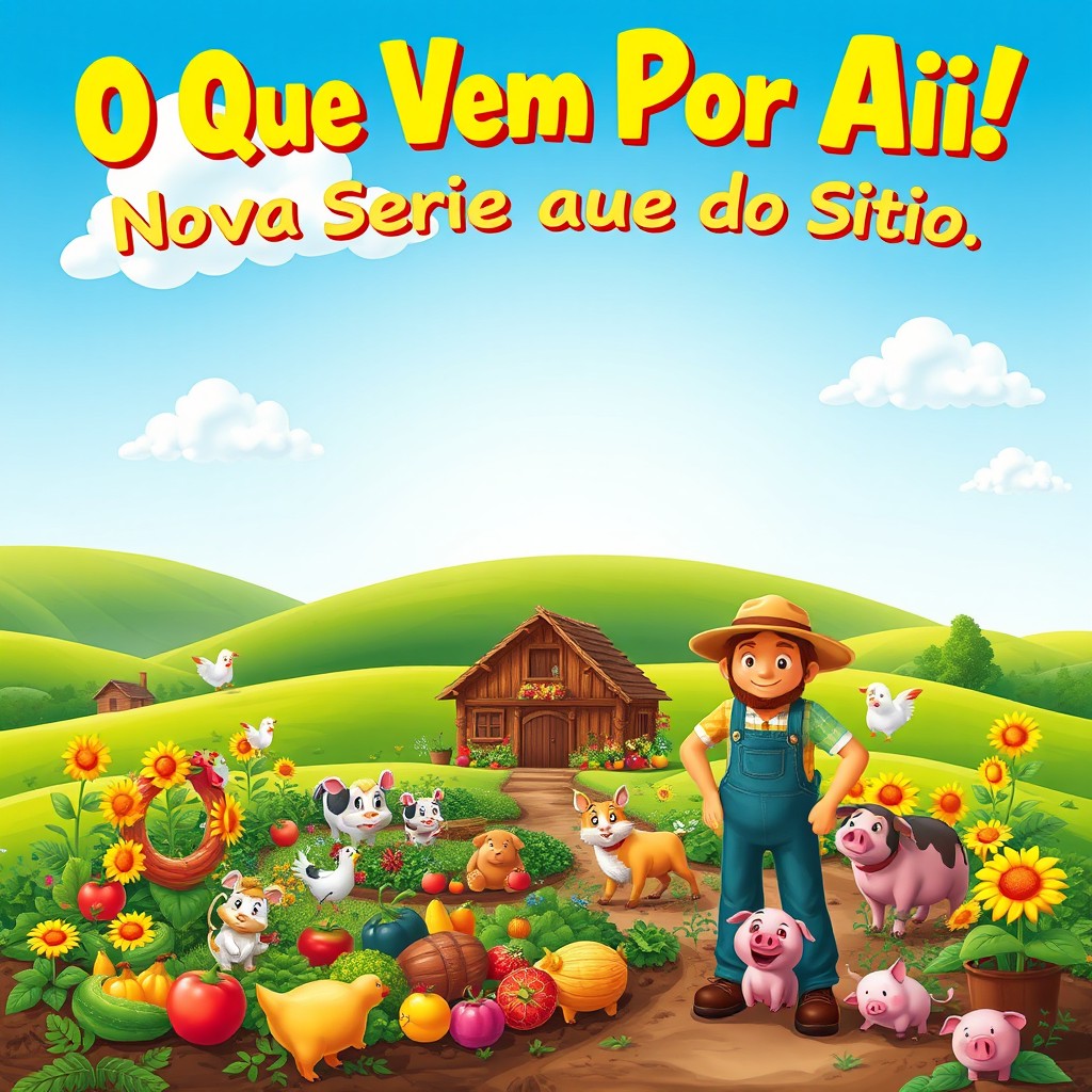 A vibrant and colorful scene depicting a cozy countryside setting representing the theme "O Que Vem Por Aí! Nova Série Aqui do Sítio"