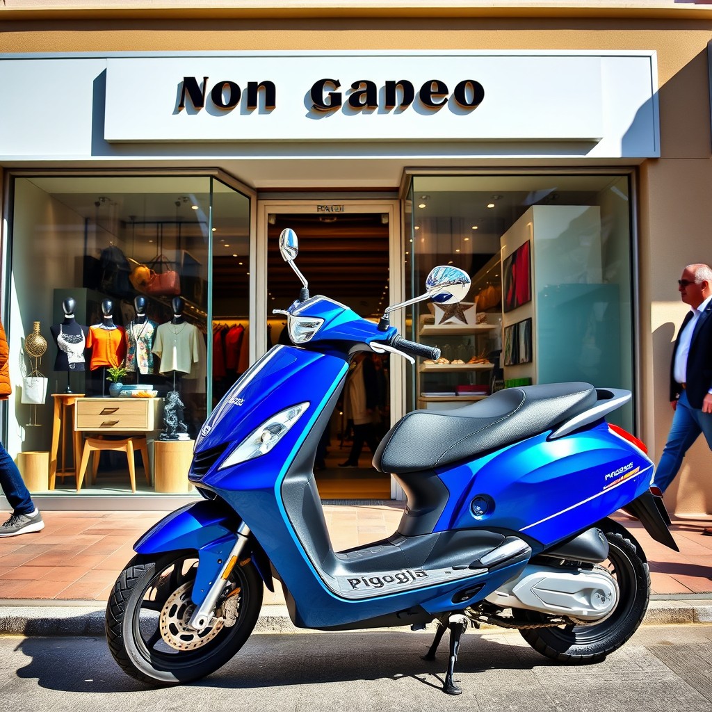 A visually striking Piaggio scooter parked outside a modern non-food retail store