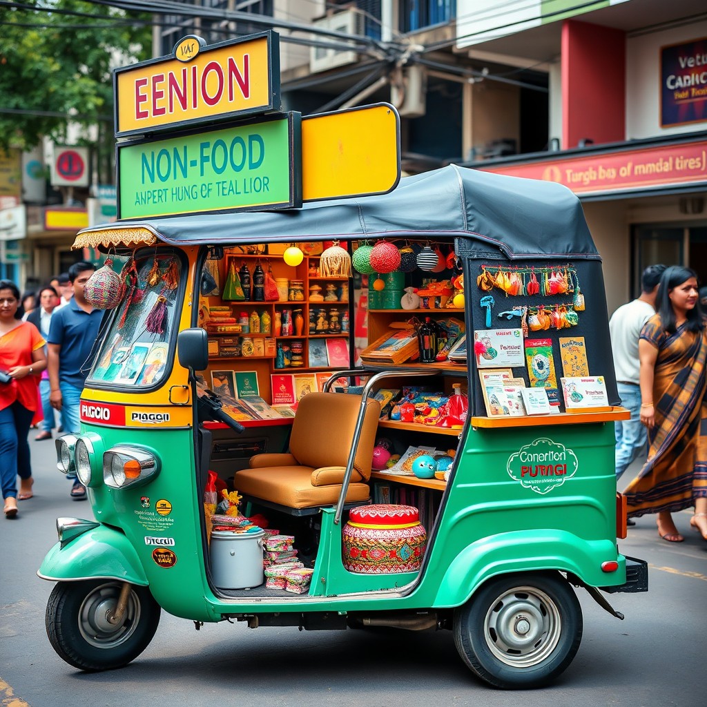 A Piaggio tuk-tuk configured as a non-food retail shop, showcasing colorful displays of various non-food items such as toys, gadgets, accessories, and home decor