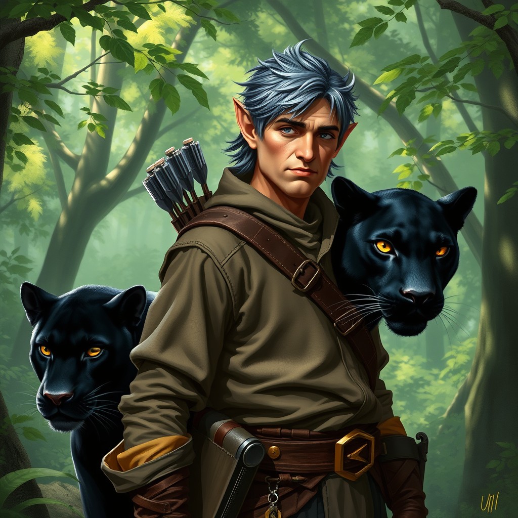 A middle-aged male half-elf ranger with striking dark and grey hair, wearing rugged adventurer clothing suitable for the forest
