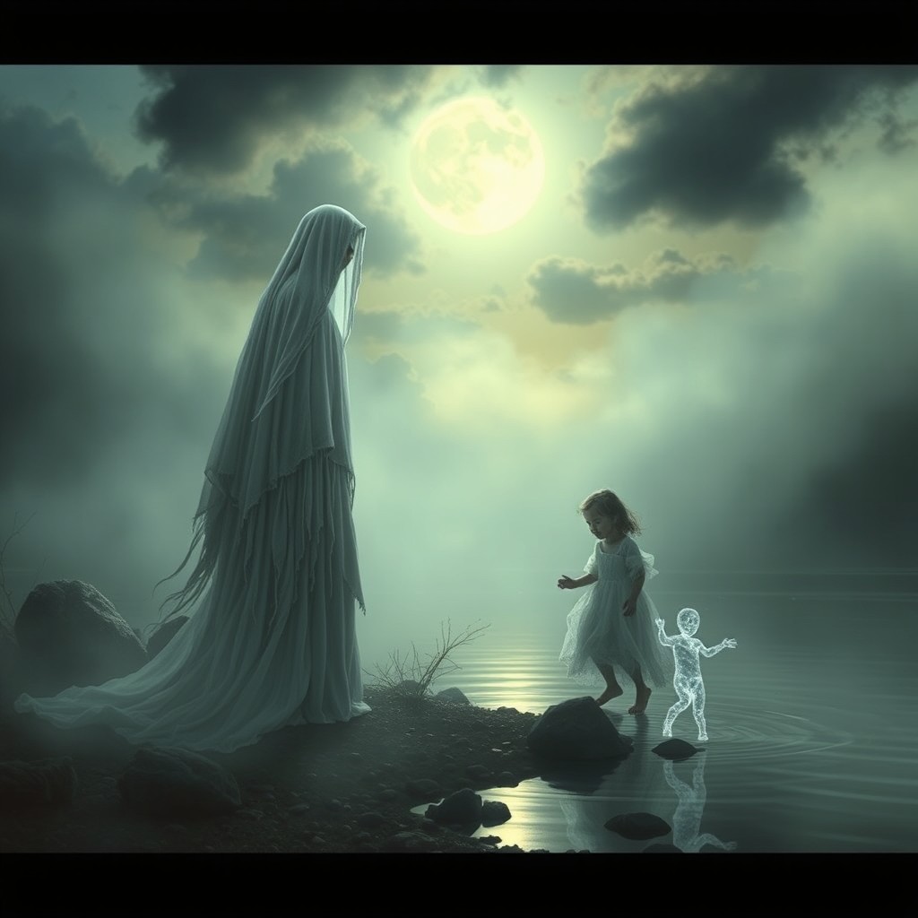 A mythical and hauntingly beautiful representation of 'Hijos de la Llorona', showcasing the essence of the legend