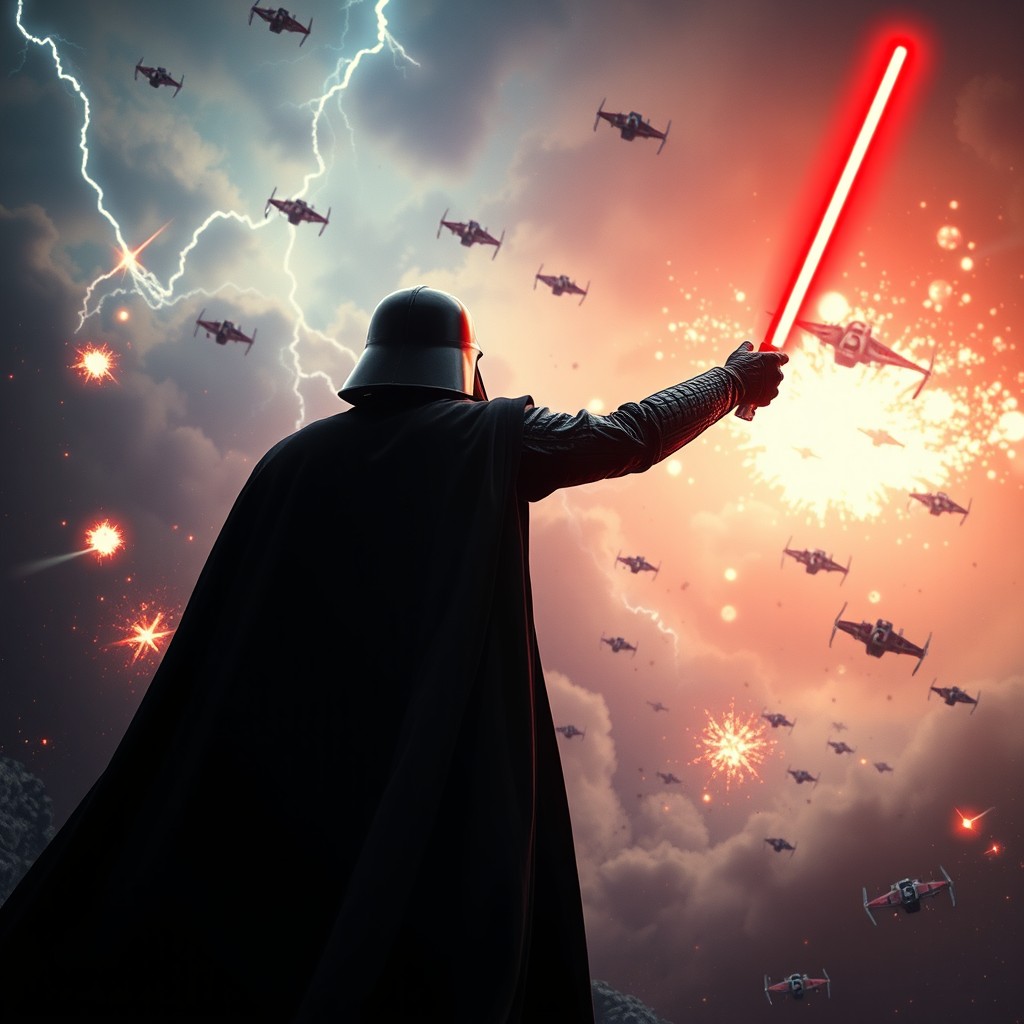 A cinematic scene featuring Darth Vader with his back facing the camera, standing strong against the backdrop of an intense space battle between TIE Fighters and X-Wings in the sky
