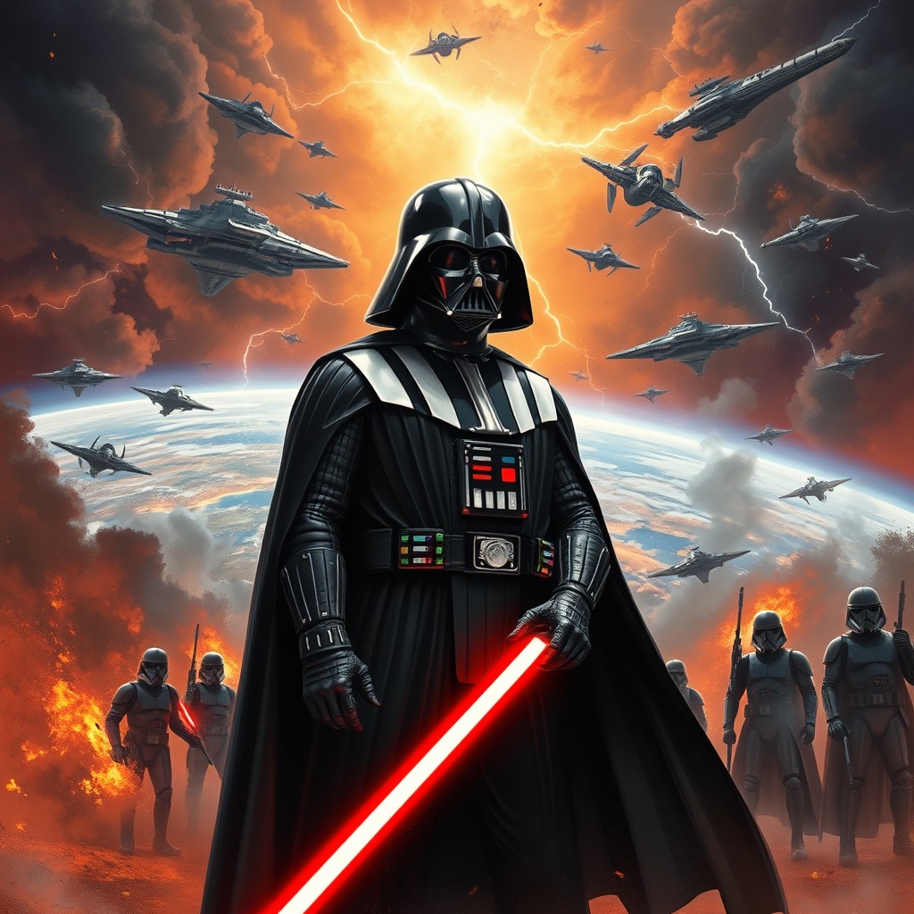A realistic depiction of Darth Vader standing with a menacing posture, holding his red lightsaber pointed down towards the ground
