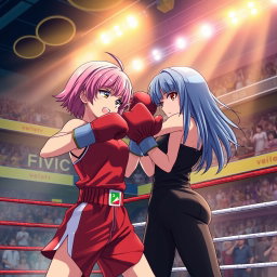 An intense scene of two anime girls engaged in a boxing match, showcasing their dynamic movements and expressions