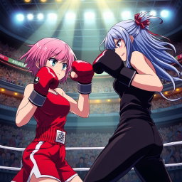 An intense scene of two anime girls engaged in a boxing match, showcasing their dynamic movements and expressions
