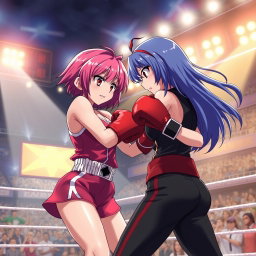 An intense scene of two anime girls engaged in a boxing match, showcasing their dynamic movements and expressions
