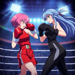 An intense scene of two anime girls engaged in a boxing match, showcasing their dynamic movements and expressions