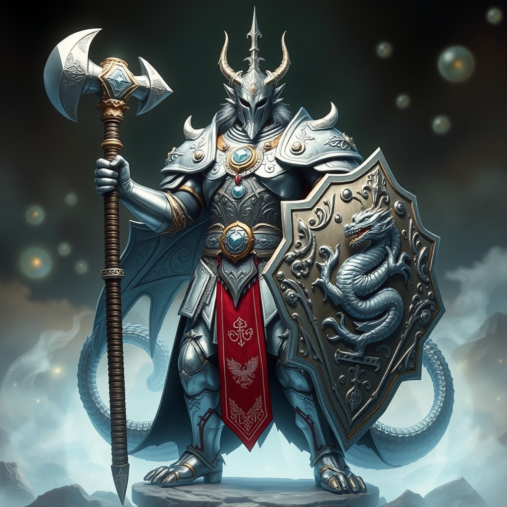 A majestic silver dragonborn cleric standing tall at 6'7", clad in gleaming plate armor adorned with intricate designs and symbols of Bahamut