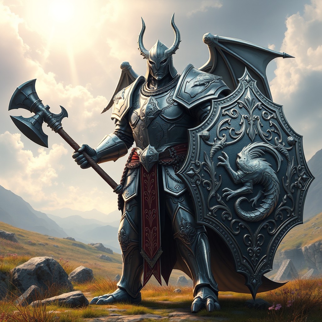 A formidable silver dragonborn cleric standing at 6'7", dressed in resplendent plate armor featuring ornate engravings and symbols representing Bahamut