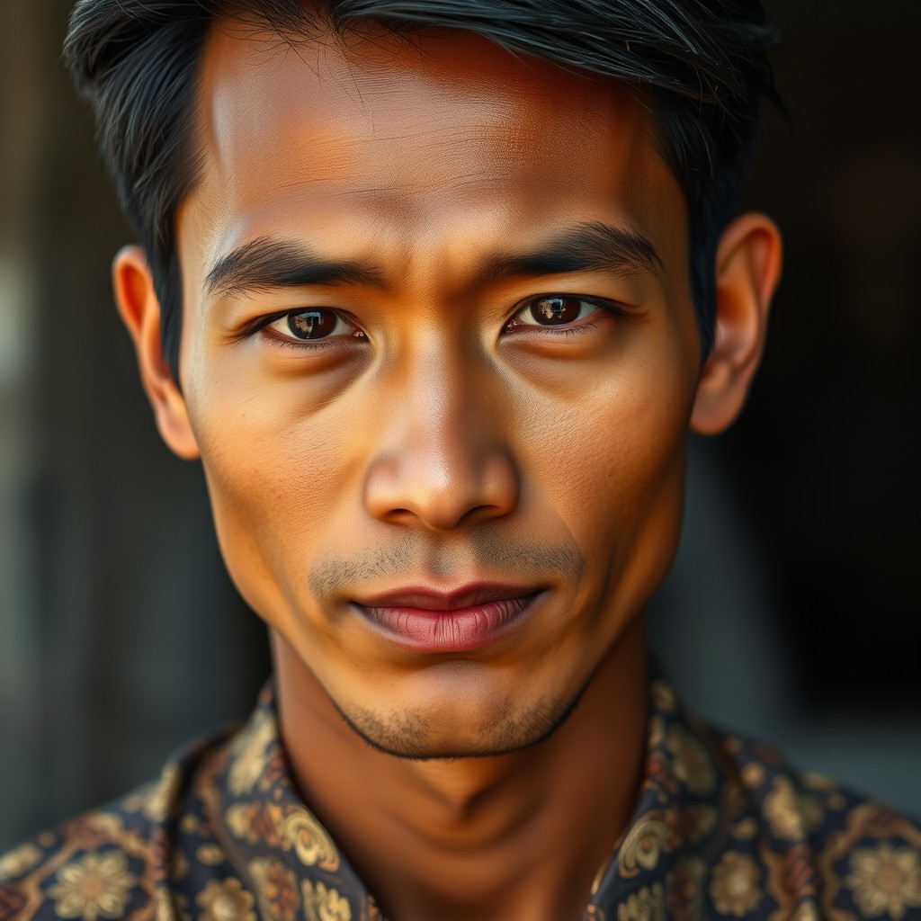 A realistic close-up portrait of a Javanese male, showcasing traditional features and expressions