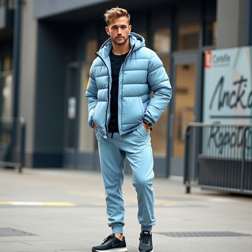 A man with a rosy complexion dressed in a light blue cotton puffer jacket with a hood, wearing long light blue joggers and a pair of black shoes