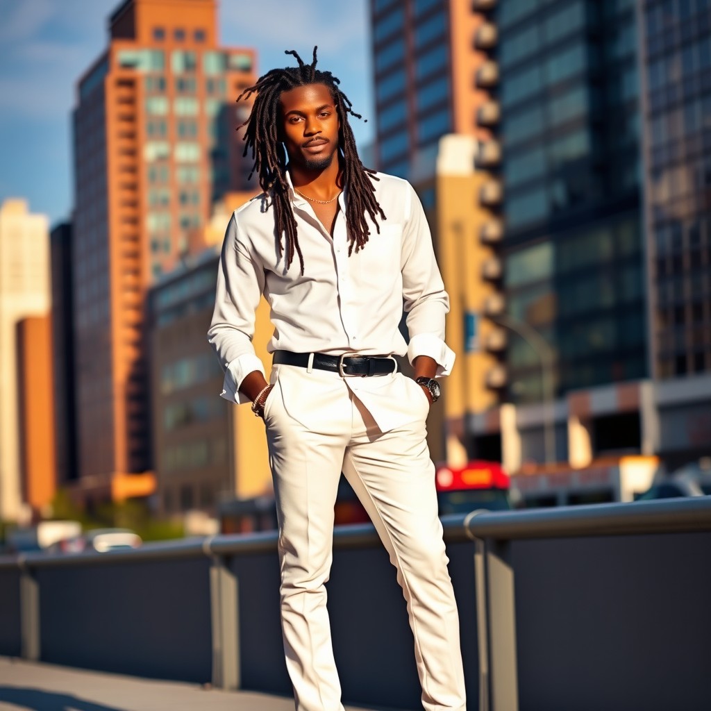 A stylish black man with dreadlocks, wearing a crisp white shirt and white trousers, complemented by a pair of sleek white shoes