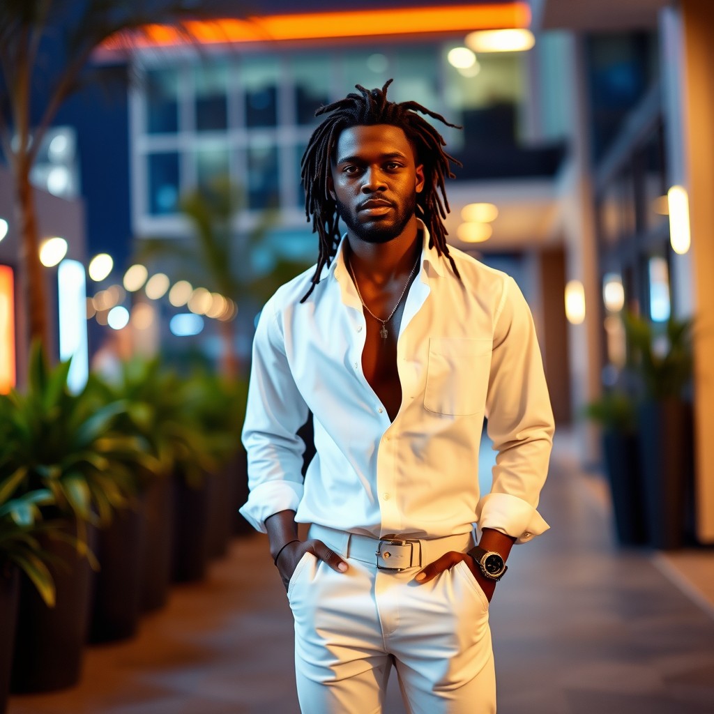 A stylish black man with dreadlocks, wearing a crisp white shirt and white trousers, complemented by a pair of white shoes