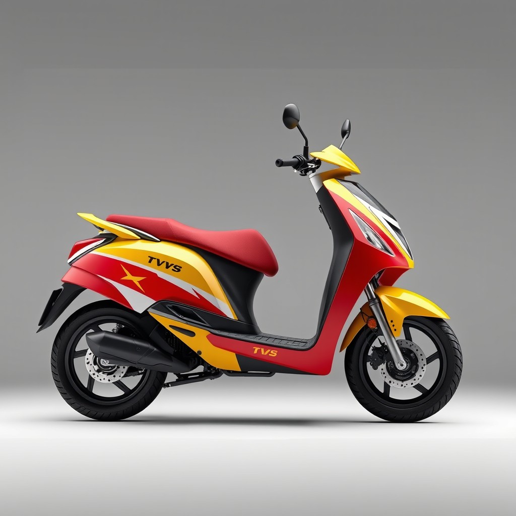 A simple yet striking TVS motocarro design, featuring a sleek body in a color scheme of red, yellow, and white