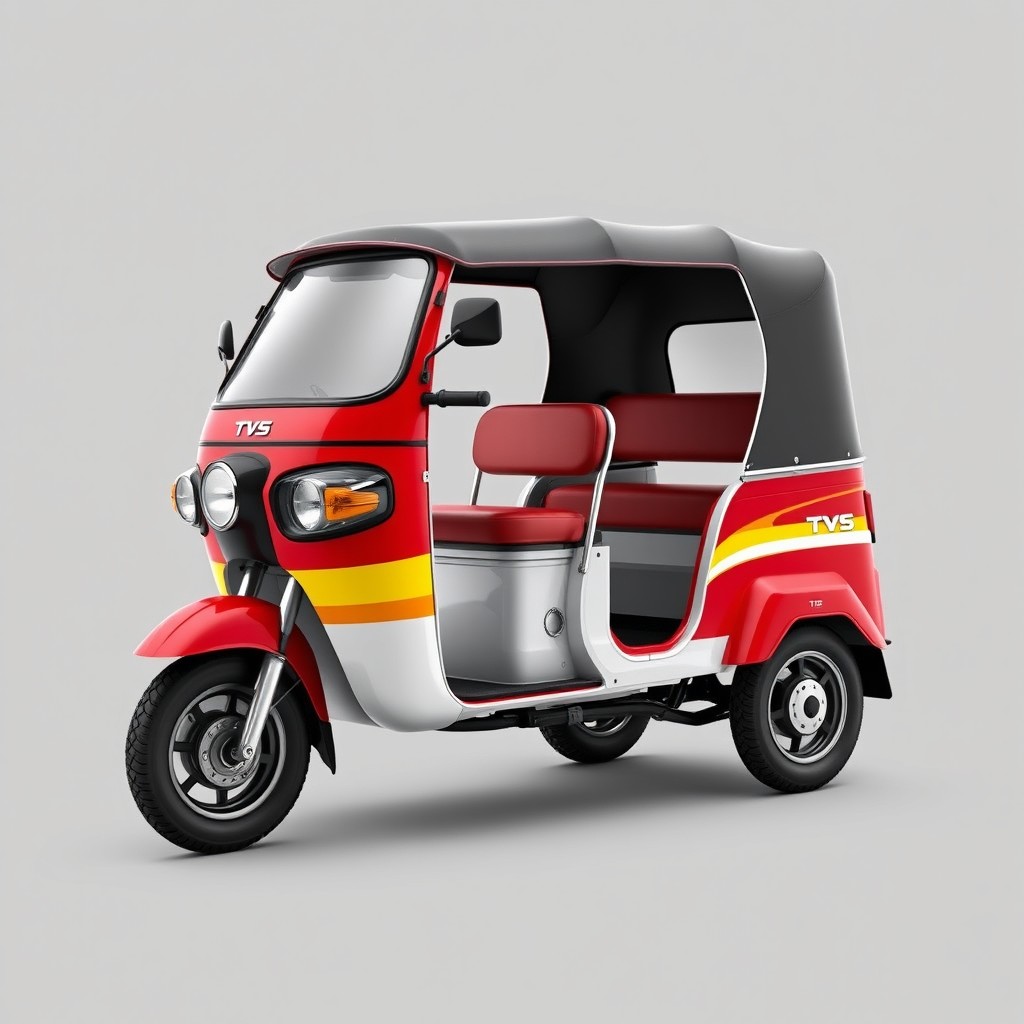 A simple yet attractive TVS tuk-tuk design, featuring a streamlined body with a color scheme of red, yellow, and white
