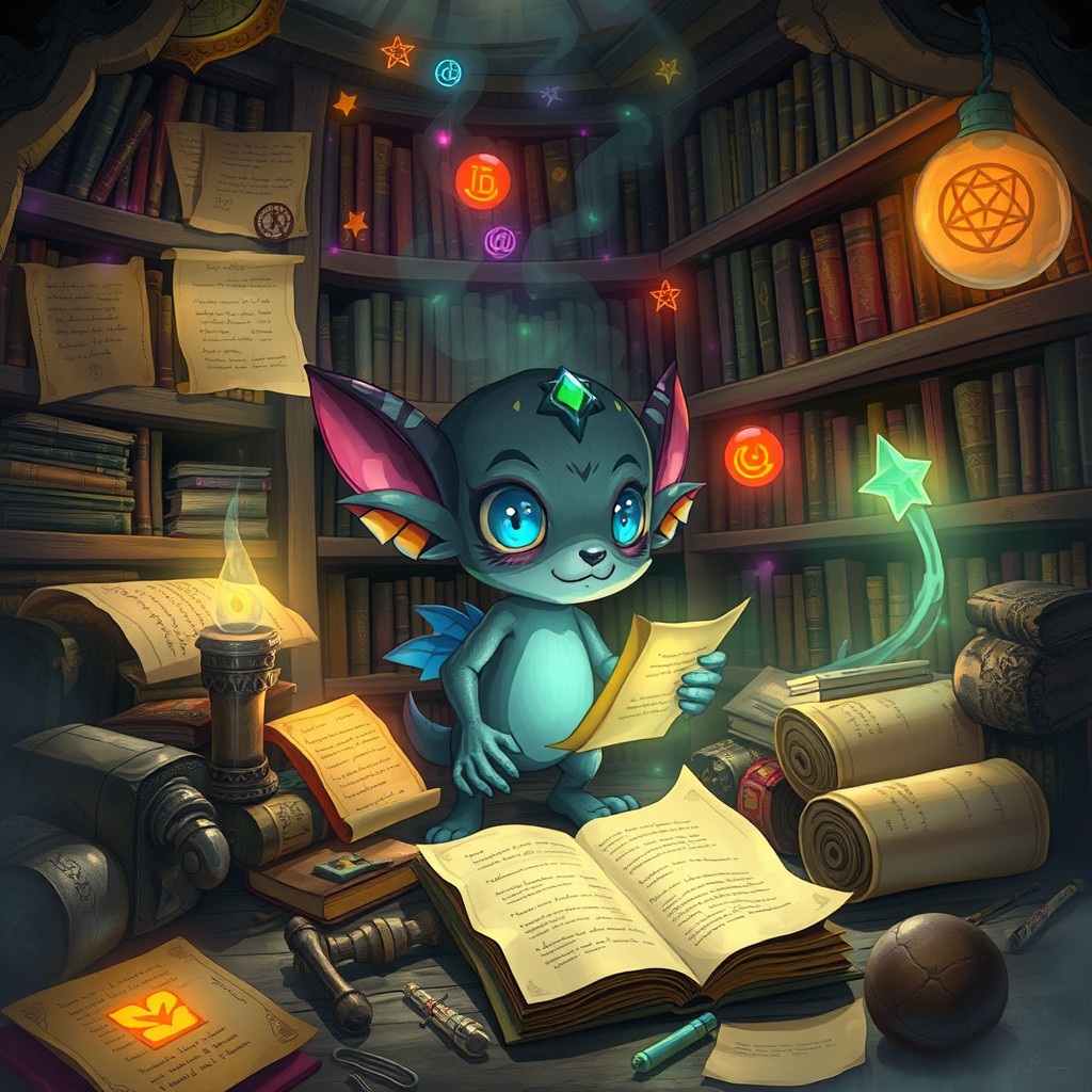 A mysterious and enchanting scene depicting a character named Labubu surrounded by ancient scrolls and mystical artifacts