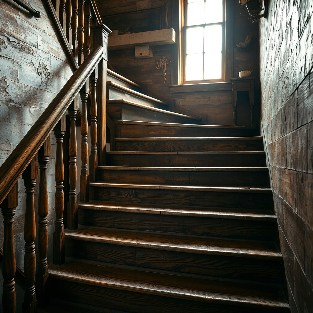An enchanting scene featuring a set of old wooden steep stairs, beautifully weathered with age