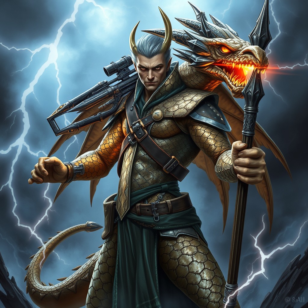 A dragonborn sorcerer with bronze scales intricately detailed with silver veins, crackling with lightning patterns
