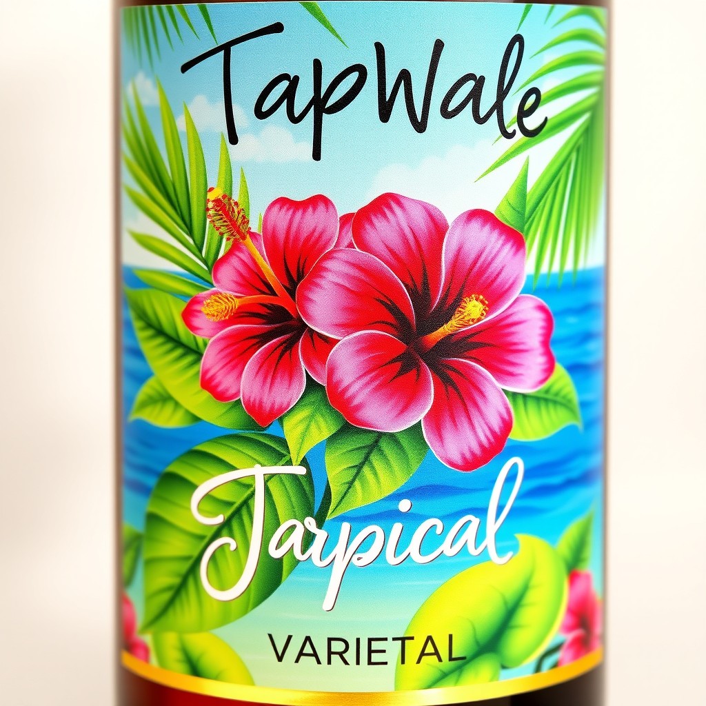 A vibrant and colorful tropical wine bottle label, featuring lush green palm leaves, vibrant hibiscus flowers in shades of pink and red, and a bright blue ocean background