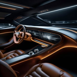 An 8K resolution and 1080HP picture quality representation of the interior of a futuristic Bentley supercar, showing flourishing details of luxurious material, state-of-the-art technology and superior comfort, embodying the future of automotive opulence.